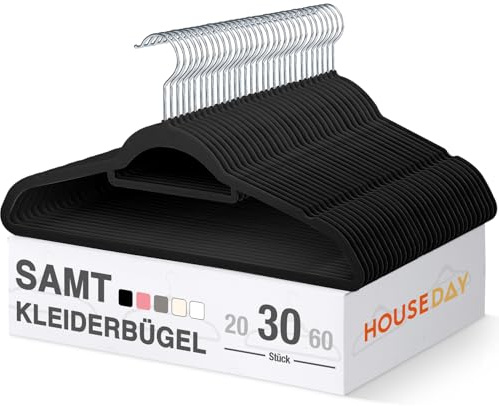 HOUSE DAY Kleiderbügel Samt, 30er Set, Premium Bügel, Schwarz | Kleiderbügel Platzsparend und rutschfest Samtbügel mit 360° drehbarer Haken für Hemden, Anzüge, Pullover, Hosen