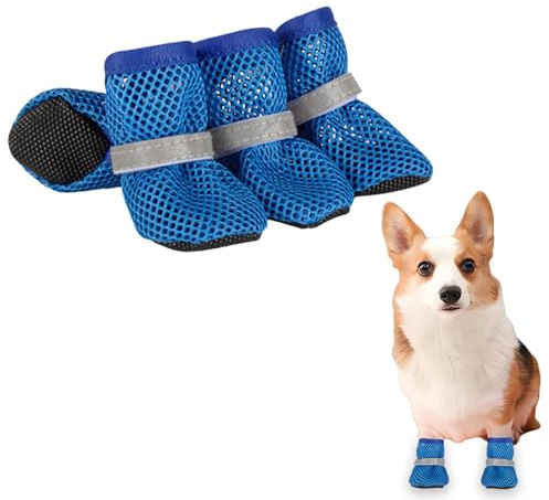 Sommer Mesh Hunde Schuhe, 4 Stück Atmungsaktive Pfotenschutz Hundeschuhe Anti-Rutsch Hundeschuhe für heiße Sommerböden, Sommer Verstellbarem Hundestiefel fürkleine Hunde (Blau, L)