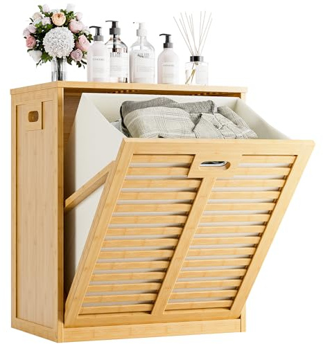 HITNET Tilt Out Laundry Hamper, Bamboo Laundry Cabinet with Hidden Removable Basket, Freestanding Clothes Storage organizer for Bedroom, Bathroom, Living Room, Natural
