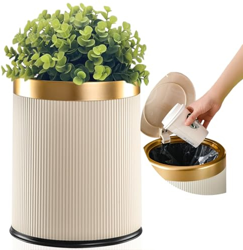 Yatmung Bathroom Trash Can with Lid - Decorative Trash Bin (Faux Plant) - Small Bathroom Garbage Can - Bedroom, Living Room, Entryways - Plastic Hidden Waste Basket - 2.6 Gal, Cream with Gold Edge