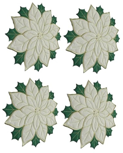 BAZEITFLOW 4 Pezzi Tovagliette Natalizie Ricamate Poinsettia Sottopiatti Isolanti in Lino e Spugna Decorazioni Tavola Festa Invernale