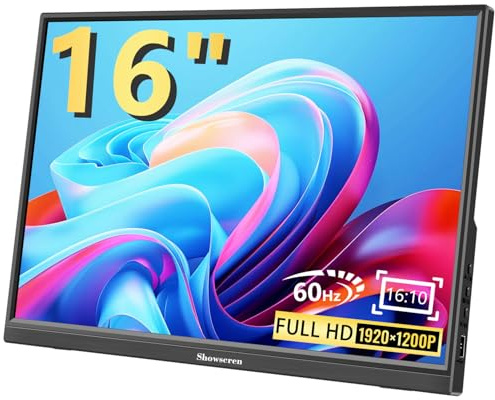 Monitor portatile da 16, Full HD 1920 x 1200P, display 300 cd/luminosità, pannello LCD IPS da 60 Hz, 99% sRGB, altoparlante integrato, HDMI USB-C Portable Monitor compatibile con laptop PS4/5, Switch