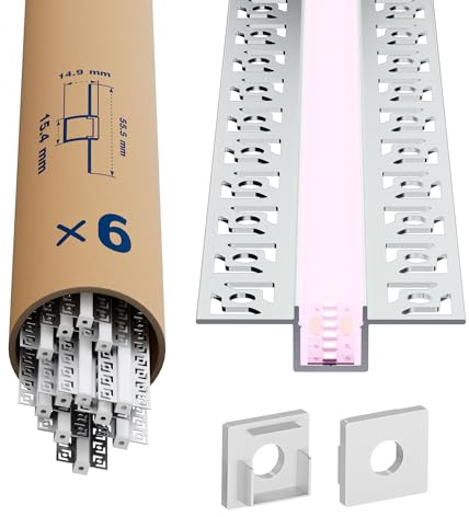LASLUX LED gipsprofil 2 m × 6 – aluminium infälld profil 55,5 x 14,9 mm för remsor upp till 12,9 mm – LED infälld profil torrkonstruktion aluminiumprofiler skena kanaler remsa diffusor med lock