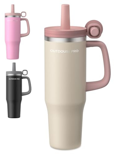1200ml Taza Térmica - Vaso Térmico con Asa y Pajita - Termo Café sin BPA 1.2L - Taza para Beber Caliente y Frío - Marrón claro