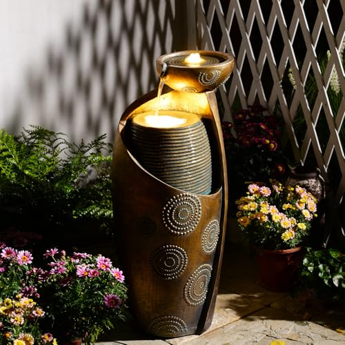 Sunlinua Vase Outdoor Water Features, 81cm Height Jar Waterfall Fountain with Warm LED Lights&Durable Pump for Yard, Porches, Home Décor,Garden,Office(Gold)