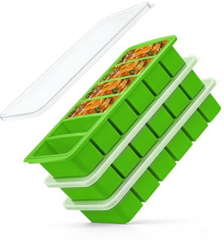 3 Pezzi Vassoio Congelatore in Silicone con Coperchio - Stampi per Contenitore del Congelatore per Zuppe - Grande Vassoio del Cubo di Ghiaccio- Rende 18 Perfetti Cubi di Porzioni (Verde)