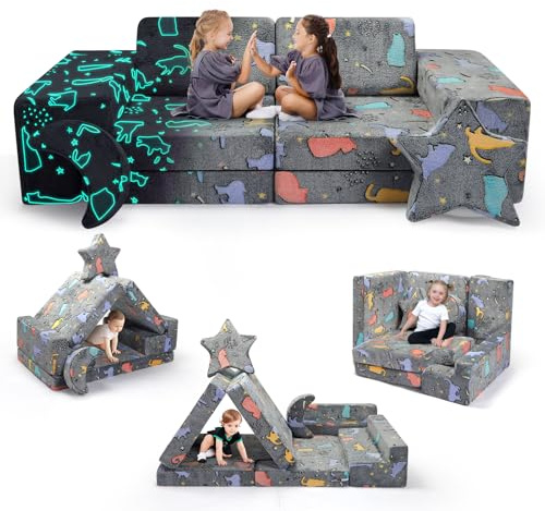 VIHBRAI Sofá infantil de 9 piezas, sofá de juegos con patrón luminoso, fundas lavables