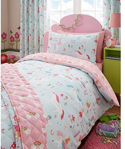 Kidz Club Magical Unicorns Childrens Single Bed Duvet Cover and Pillowcase, Blue