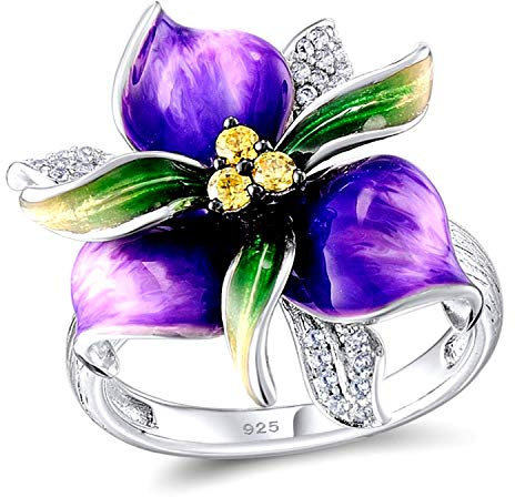 Uloveido Fashion Violet Flower Rings for Girls Anniversary Birthday Purple Crystal Flower Statement Rings for Women RA601