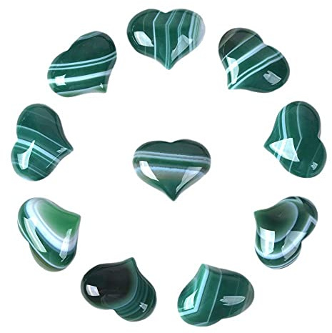 Caja de regalo de hierro con piedras preciosas de ágata verde de 2,5 cm con diseño de corazón hinchado y bolsillo de piedra (paquete de 10)