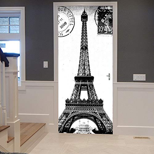 A.Monamour Türtapete Selbstklebend Türfolie Türposter 3D Vintage Französische Stadt Paris Eiffelturm Schwarz Und Weiß Vinyl Folie Türdeko Tapete Wandbild Türaufkleber Türtattoo 90 x 200 cm