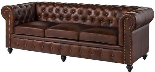 MASSIVMOEBEL24.DE|Sofa 3-Sitzer Chesterfield Echtleder 218x82x76 braun Chesterfield #103