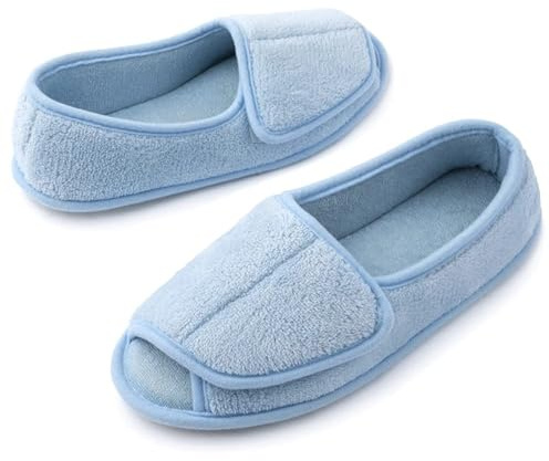 MISSRAIN Women’s Diabetic Memory Foam Wide Fit Slippers Open Toe Adjustable Slip-on House shoes Indoor and Outdoor Rubber Sole Blue, UK 5