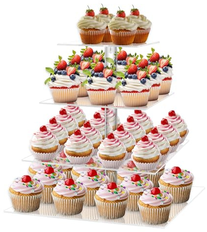 4 Tier Square Cupcake Stand for 50 Cupcakes Acrylic Cupcake Tower | Clear Cupcake Display Holder for Dessert Table,Wedding, Party, Baby Shower