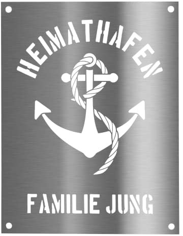 Jung Edelstahl Design personalisiertes Wandschild Heimathafen Deko Schild Türschild mit Motiv Anker