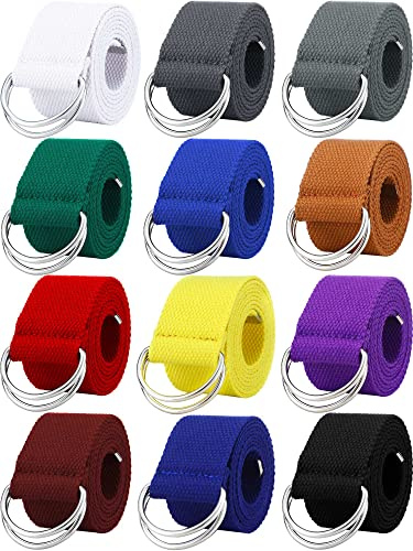 Handepo 12 Pcs Mens Womens Canvas Belt Silver Buckle Web Fabric Military Style D Ring Belt, 1 1/2 Inch Wide