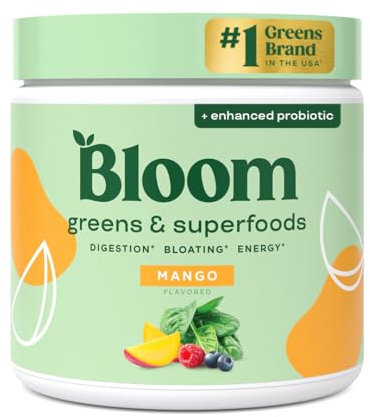 Bloom Nutrition Super Greens Powder Mango (30 servings) Combines Probiotics, Digestive Enzymes, Spirulina, and Chlorella to Support Women’s Gut Health, Reduce Bloating, and Improve Digestion Naturally