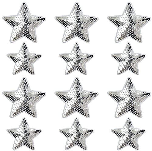Weenkeey 12 Stück Stern Pailletten Patches Pentagramm Aufbügeln Applikationen Bling Stern Gestickte Aufnäher für Kleid Jeans Jacken Hüte Taschen Schuhe - 2 Größen Silber