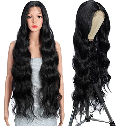 Style Icon Lange schwarze Wellig Perücke Synthetische Lace Front Perücke für Damen 91 cm Super lange Körperwelle Perücke mit Babyhaar 13x5x1 Mittelscheitel Spitze Hitzebeständige Faser 150% Dichte