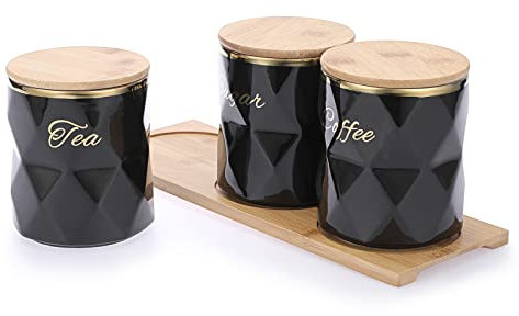 BTSKY Black Ceramic Sugar Coffee Tea Canisters with Lid and Tray - Airtight Set of 3 Storage Canisters Food Storage Containers Pots Jars with Bamboo Lid for Kitchen Counter