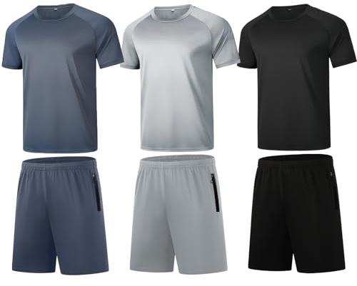 RPOVIG Shirts Shorts Workout Set:Men's 3 Pack Clothes Short set outfits Gym Active Athletic Basketball, Z-black/Blue/Grey, Medium