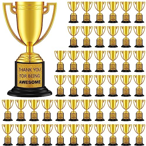 Highergo 48 Pcs Mini Trophies Awards Plastic Gold Trophy Cups Party Favors Adults Metal Trophy with Stickers for School Football Basketball Sports Competition Staff Reward Appreciation Gifts