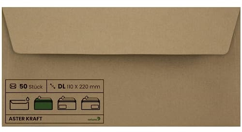 Netuno 50 Briefumschläge Kraftpapier Natur-Braun DIN lang 11x22 cm | 100g Aster Kraft · edle elegante sandbraune Umschläge aus Recyclingpapier für Hochzeit, Einladungen, Grußkarten & Geburtstag