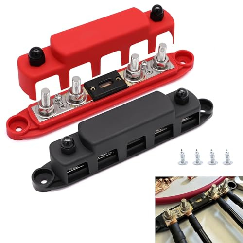 AULESSE 4 x M8 300A Samlingsskena Strömfördelningsblock 12V–48V Terminal Block med 5/16'' Anslutningsbultar Busbar Strömfördelning Block för Bilar Husvagn Lastbil Båt Yacht (Röd+Svart,2st)