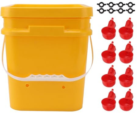 Tissting Küken Futterspender Automatischer Hühner Tränkebecher mit 12 Liter Handfass, Geflügeltränke Set für Gänse Enten(New Red Bird Bowl)