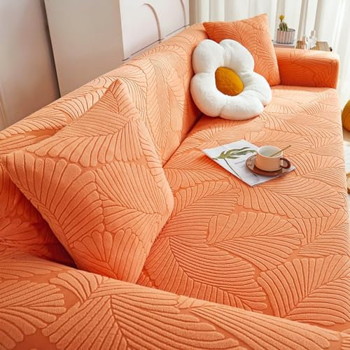 TANYAZ Sofabezug 1 2 3 4 5 Sitzer, Stretch Sofa Überzug rutschfest Sofaüberwurf Mit Armlehnen ，Verdickter Jacquard-Samt Couchbezug, Easy Fit Universal Möbelschutz (Color : Orange, Size : 3 Seater)