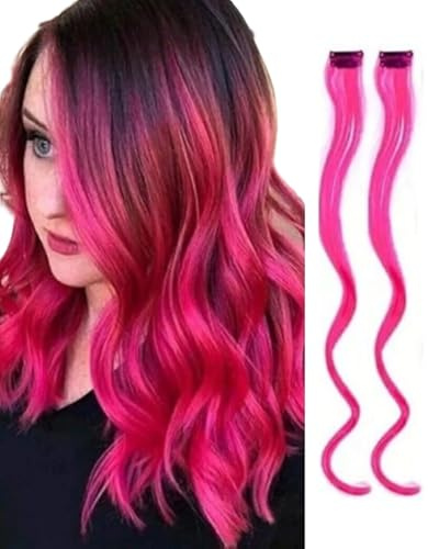 2 x Extension capelli clip-in con evidenziature arcobaleno, Extension capelli arcobaleno (Curly Hot Pink x 2)