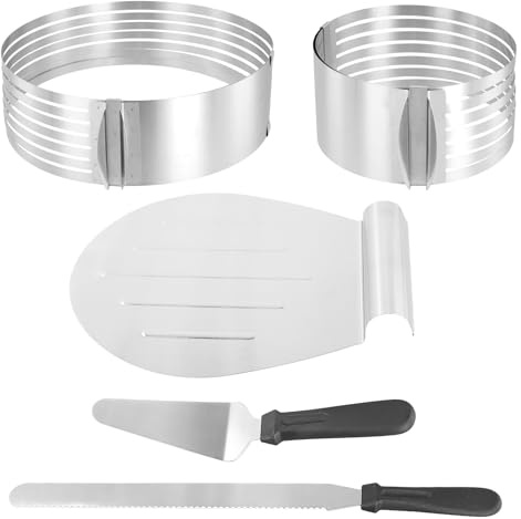PINGEUI 5 PCS Cake Making Supplies Set, Cake Ring Mold 6 to12 Inch Adjustable Stainless Steel Cake Cutter Leveler, 7 Layer Cake Slicer Cutter