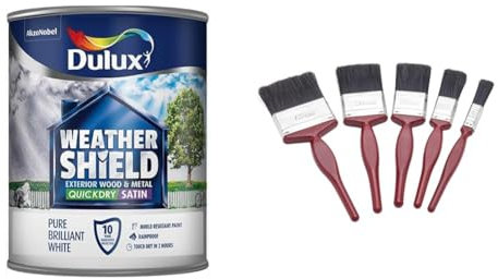 Dulux Weather Shield Quick Dry Satin Paint, 750 ml - Pure Brilliant White & Fit for The Job 5 pc Mixed Sizes Paint Brush Set for a Smooth Finish with Emulsion, Gloss