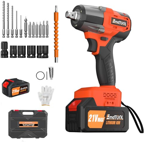 AUTOFU Cordless Impact Wrench, 600N.m Brushless 1/2 Power Battery Impact Gun w/ 6.0 Battery, 2 Speeds 0-3000RPM, 4 Sockets, 12 Drill Accessories, High Power Impact Wrench for Car Home