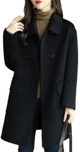 Manteau d'hiver en laine pour femme Manteaux en laine à double boutonnage Cachemire Manteau long, Noir , S