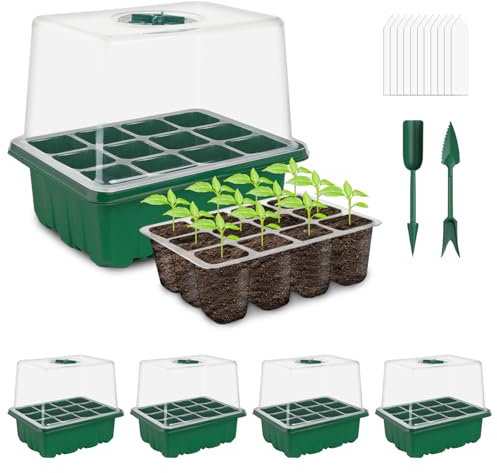 CNNIK 5 Stück 60 Zellen Anzucht Gewächshaus Klein Anzuchtkasten Zimmergewächshaus Anzuchtset Grün Anzuchtschalen mit Deckel Pflanzenetikett und Werkzeug Aufzuchtset Pflanzen für Innen Außenbereich