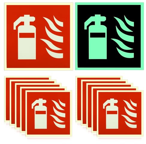 10 x Schild Feuerlöscher Nachleuchtend, Brandschutzzeichen 150 x 150 mm, PVC Selbstklebend, Langnachleuchtend Rettungszeichen Rettungsschild