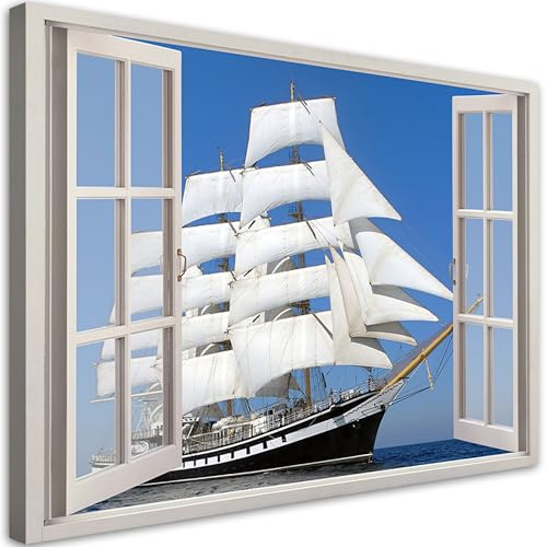 Feeby Wandbild - Wohnzimmer Modern Deko - Fensterblick Schiff Meer - 120x80 1tlg - Vlies Bilder Leinwand - Bild auf Leinwand Schlafzimmer - Leinwandbilder Wand - Canvas Painting - Fotokunst