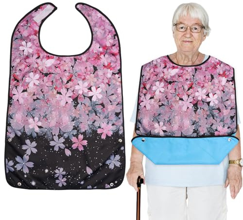 VEGCOO Bavoirs de salle à manger imperméables réutilisables avec récupérateur de miettes pour adultes et personnes âgées, adultes et handicapés, Style fleur de cerisier, taille unique