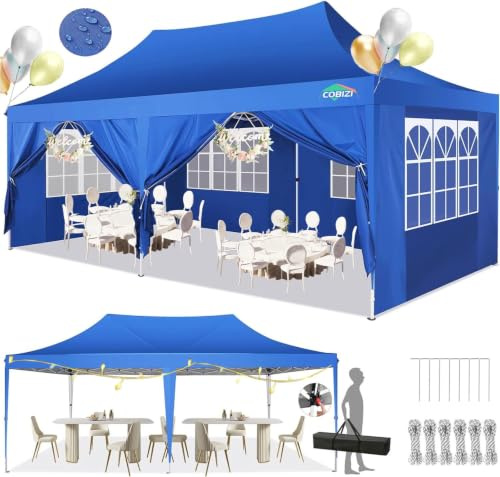 COBIZI Gazebo 3x6 Pieghevole Impermeabile con 6 Parete Laterale, Gazebo Esterno resistente 3x6 per Feste Campeggio Spiaggia Giardino Commerciale, Tendone Portatile(3 per 6m Blu)
