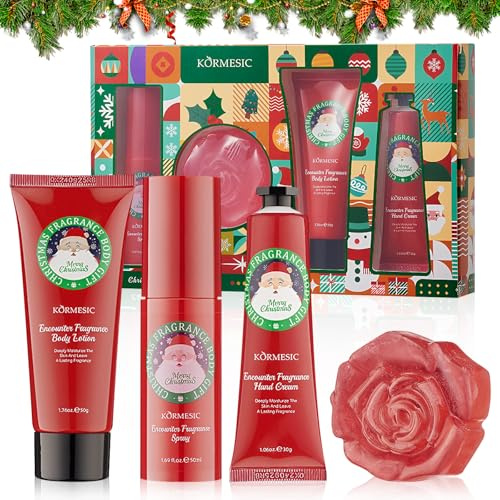 Badeset Frauen Geschenkbox,4 Rose Geschenkset Frauen, Körperpflege Set zu Weihnachten mit Handcreme,Body Lotion Damen,Body Spray,Seife,Körperlotion Handpflegecreme mit Pflanzenduft