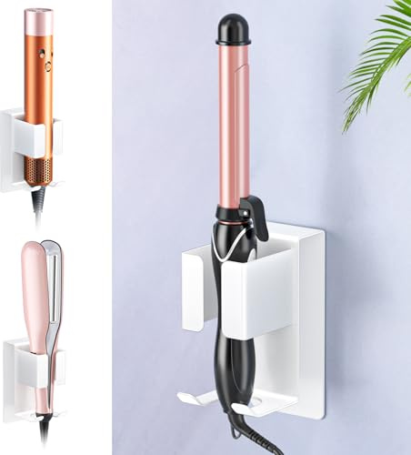 WAYASI Föhnhalter Wand, Föhn und Glätteisen Halterung Aufbewahrung, Fönhalterung Wa ndhalterung, Lockenstab Halterung für Fön, Selbstklebend Haartrocknerhalter Ohne Bohren (Weiß, 1PC)