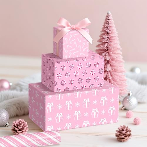 Pink Christmas Wrapping Paper 50x68cm Santa Snowman Snowflake Wrap Paper | 12 Sheet Pink Christmas Wrapping Paper 50x68cm Snowflake Wrap Paper Craft DIY for Xmas Winter Birthday DIY Crafts