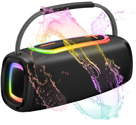 Portable Bluetooth Speaker with 24W Stereo Sound, BassUp, BT5.3, 24-Hour Playtime, IP6 Waterproof Wireless Pairing Speaker with Built-In Mic, RGB Multi-Color Rhythm Lights for Outdoor/Party/Gifts