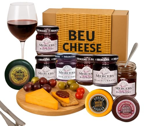 Cheese Hampers Gift Set - 3x Cheeses Truckle Selection, 6x Jam and Card - Cheeseboard Gift Set, Birthday Hamper for Men & Women, Cheese Selection Box