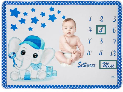 FIFTYSEVENFACES Coperta Mesi Bimbo | Tappeto Fotografico Complimese Maschio | Copertina Plaid Neonato Tema Elefante 130x100 cm | Indicatore Mese o Settimane ed Età Inclusi