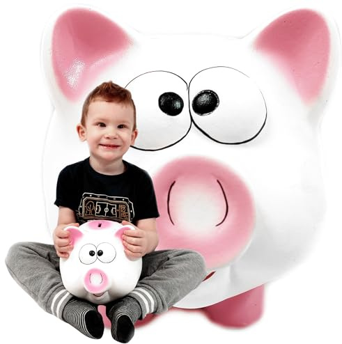 Sparschwein ohne Öffnung XXL groß Keramik Weiß – handbemalt handgemacht – Spardose/Sparbüchse/Geldbüchse Sparbox Sparbehälter – traditionelle Spardose zum Zerschlagen – für Kinder & Erwachsene