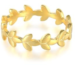 Wedding Rings Gold, Zarter Ring Damen Blattförmig 9K Gelbgold Größe 45 (14.3) Geschenk Beste Freundin