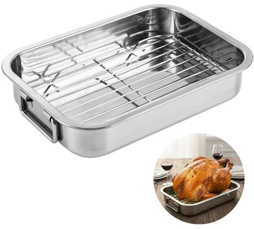 Roasting Pan with Rack & Handles, 430 Stainless Steel Roaster Pan for Oven, Heavy-Duty Rectangular Baking Tray for Meat, Turkey, Seafood, Vegetables, 9.8 x 7.1 x 2