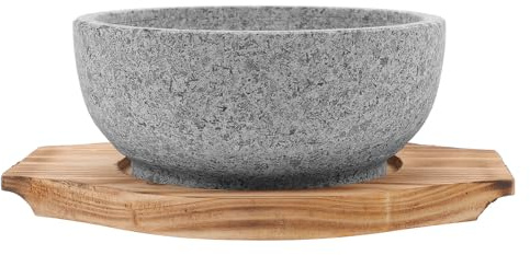 SHINEOFI Ciotola Coreana in Pietra Naturale 16cm 600ml con Vassoio in Legno Carbonizzato per Bibimbap, Resistente a Fiamma Libera per Cucina Quotidiana e Ristoranti